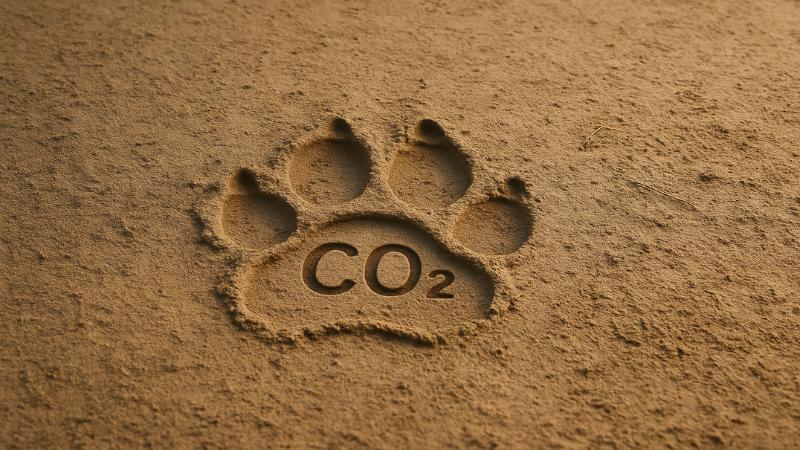 Dog paw print in sand with CO2 symbol inside