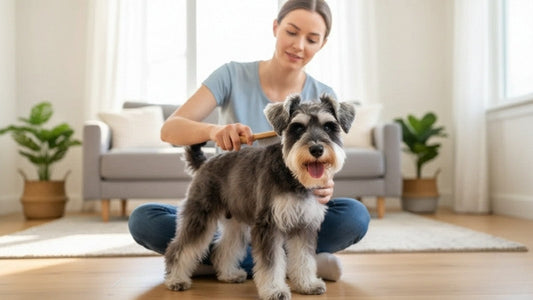 Woman brushing Miniature Schnauzer dog on living room floor