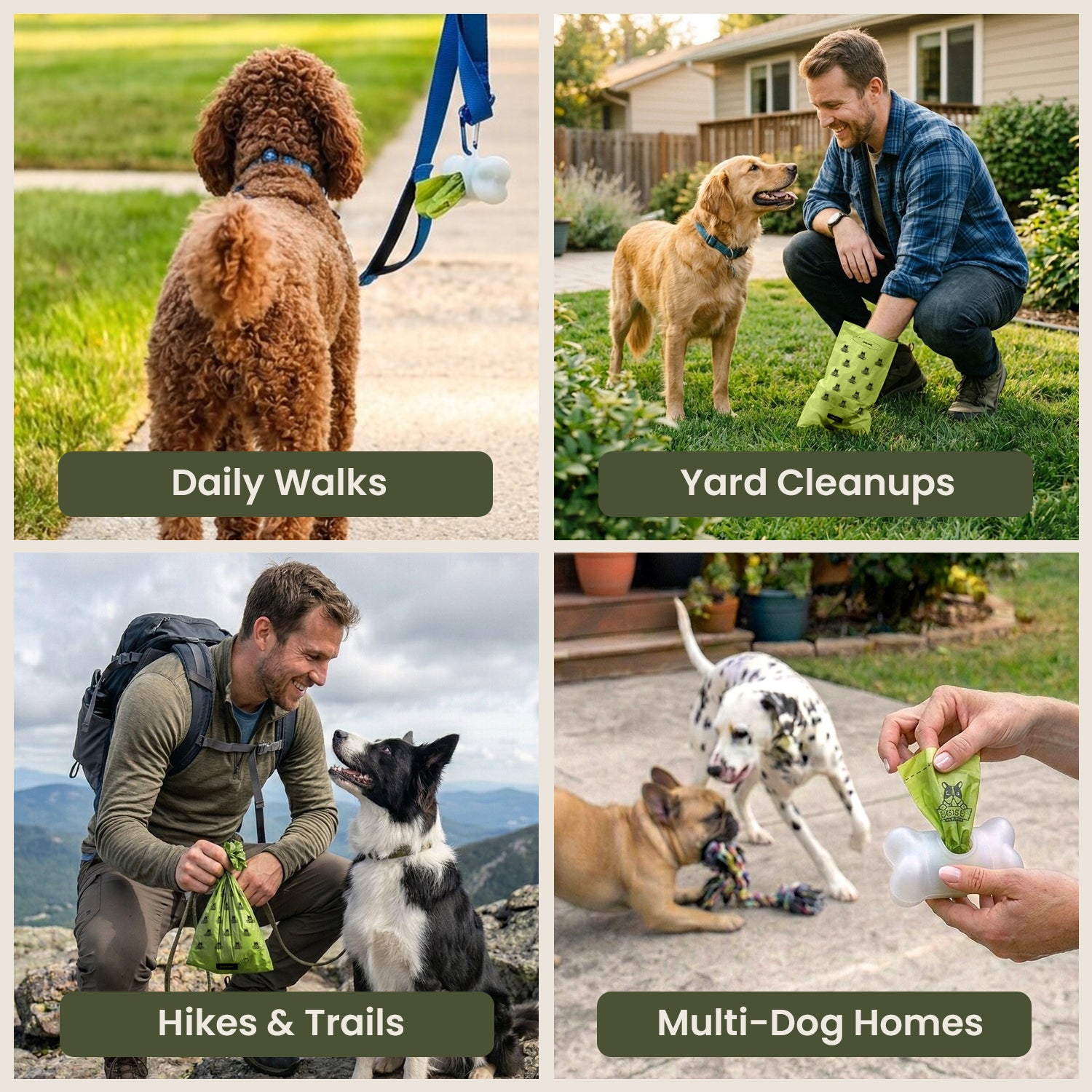 Four ways to use Pogi's poop bags: daily walks, yard cleanups, hikes and trails, and multi-dog homes