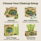 Choose your cleanup setup: Pogi's refill rolls, rolls with 2 dispensers, easy-tie handled bags, and bulk roll box
