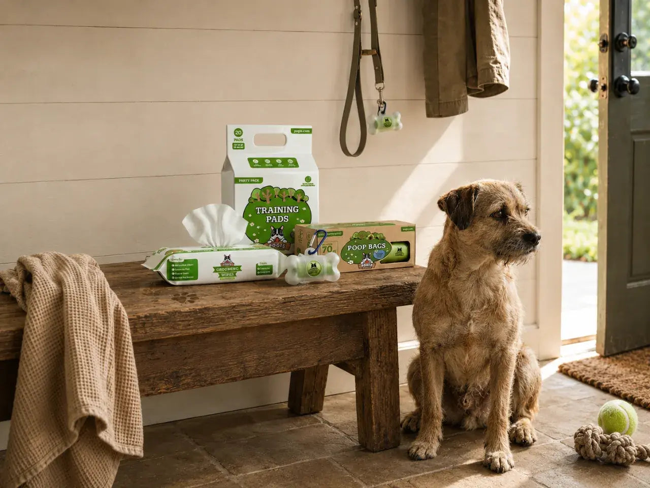 Pogi's Grooming Wipes, Poop Bags, and Training Pads on a mudroom bench with a dog nearby.