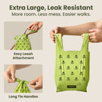 Pogi's tie-handle bag shown open, tied closed, and attached to a leash, highlighting the long handles and roomy design.