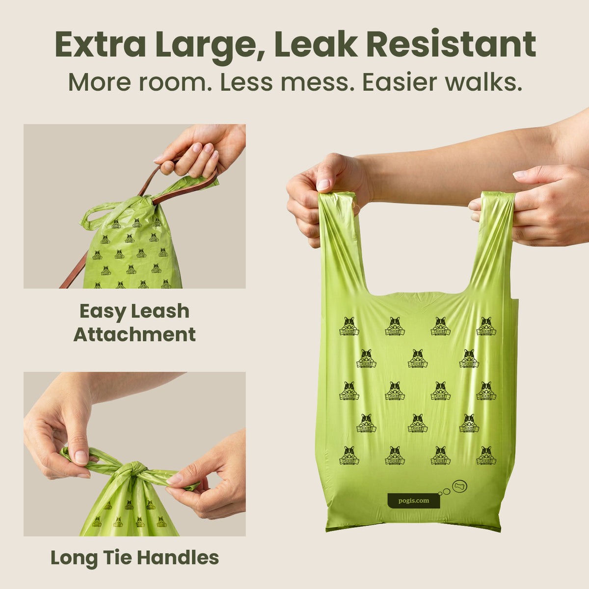 Pogi's tie-handle bag shown open, tied closed, and attached to a leash, highlighting the long handles and roomy design.