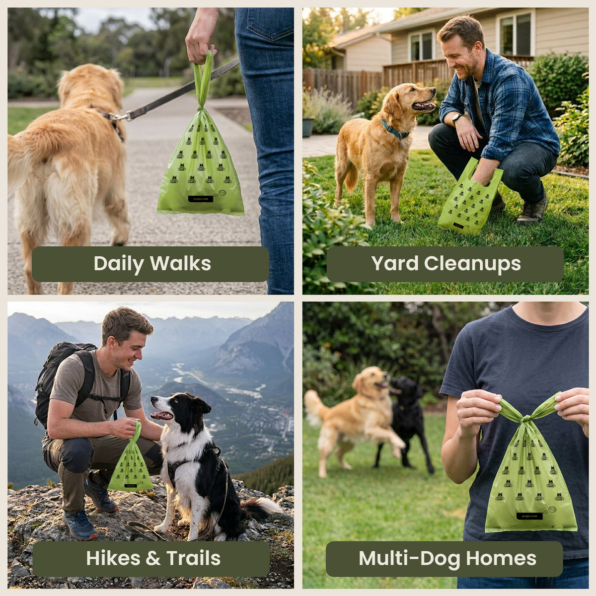 Pogi's tie-handle bags for daily walks, yard cleanups, hikes and trails, and multi-dog homes.
