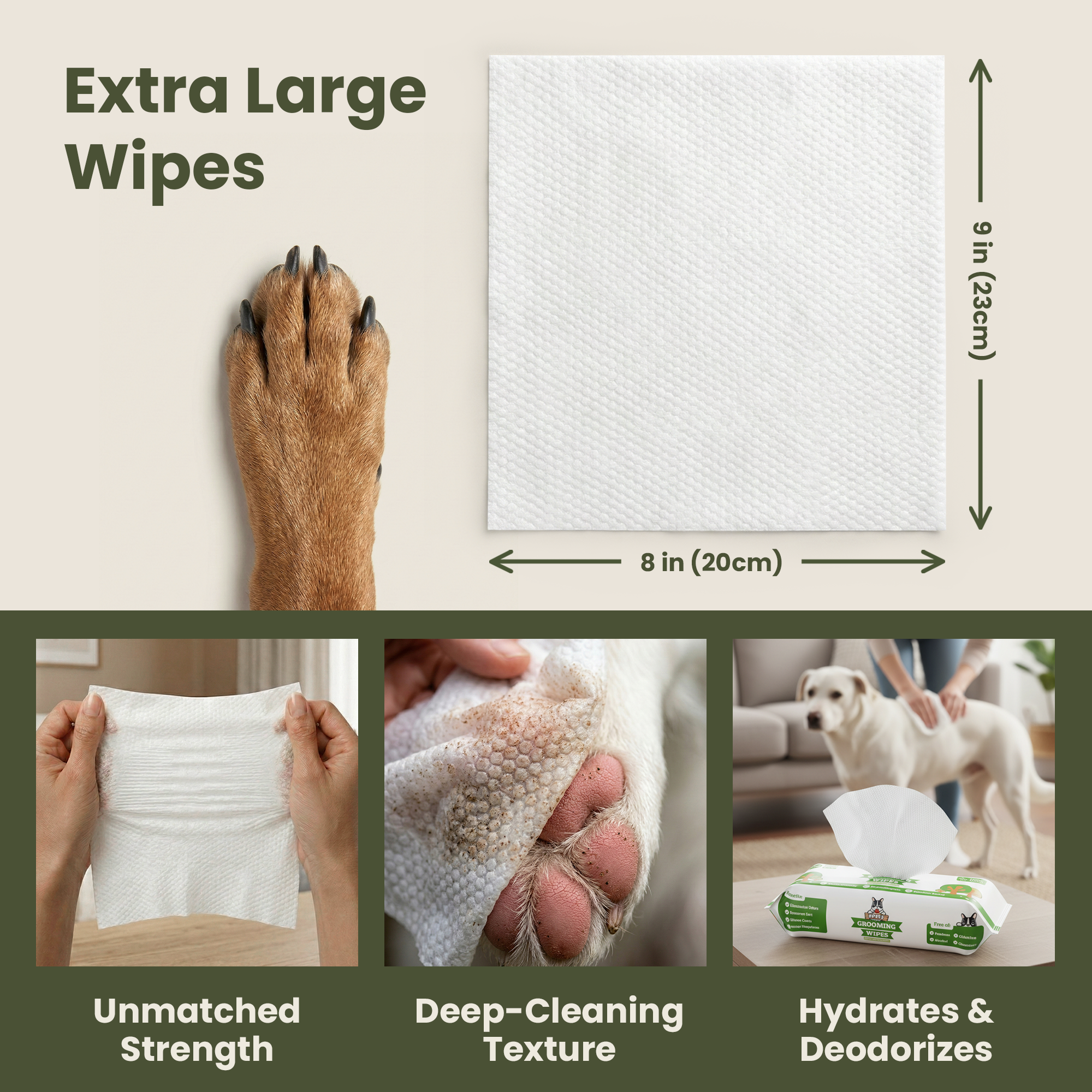 Pogi's extra large dog grooming wipes size chart: 8 by 9 inch XL sheet next to a dog paw, with strength, deep-cleaning texture, and hydrating benefits