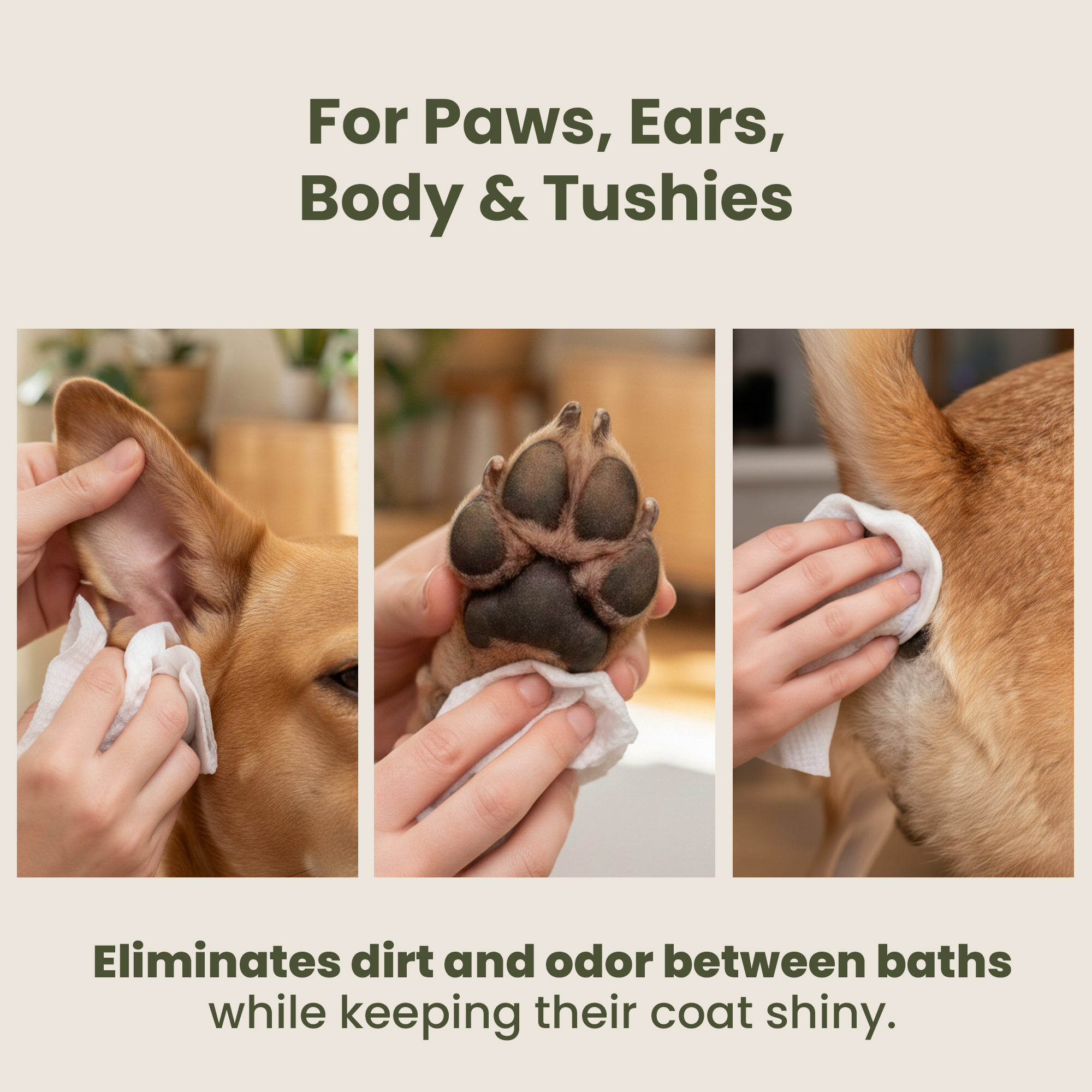 Wiping a dog's muddy paws with Pogi's Dog Grooming Wipes