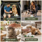 Four ways to use Pogi's grooming wipes: road trips, after walks, quick refresh, and daily coat care