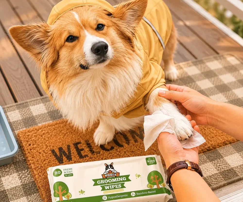 A corgi having its paw wiped clean with a Pogi's grooming wipe.